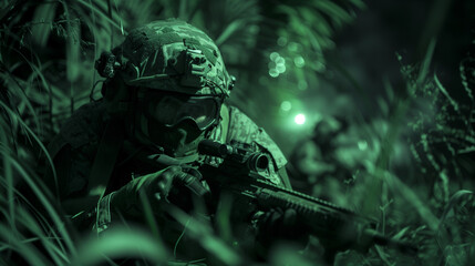 A secret night operation of modern special forces, equipped with night vision goggles and moving silently through a hostile environment, illustrating the precision and effectiveness of operations.