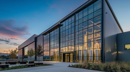 Fototapeta premium From the outside, a view of the modern facade of the brewery with large glass windows overlooking the automated bottling line.