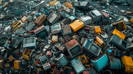 A mountain of e-waste, made up of electronic computer waste, casts a shadow over the landscape.