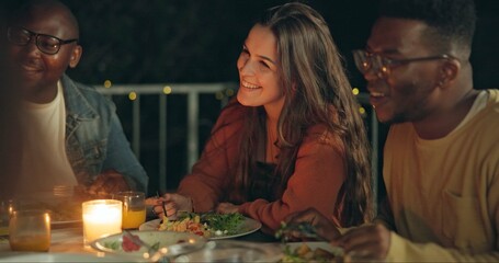 Fototapeta premium Friends, talking and dinner at party, patio and happy for conversation, food and new years eve celebration. Woman, men and group at table with chat, memory and night with story, diversity and event