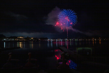 河口湖畔を彩る花火大会のある風景