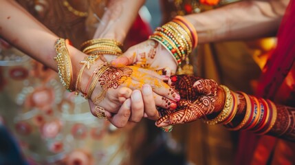 Create an image of a mother and daughter applying henna on each other's hands, signifying love and tradition.