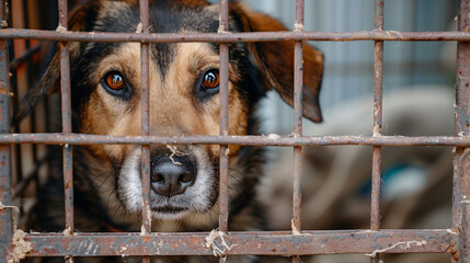 A homeless dog in an animal shelter cage. A sad, abandoned and hungry dog ​​stands behind an...