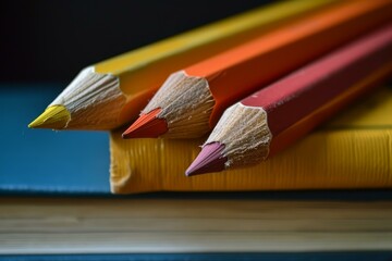 Obraz premium Close-up of sharpened colored pencils on a yellow notebook, with a focus on the tips