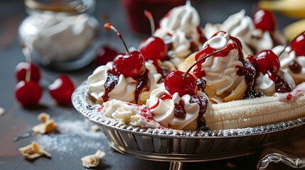 Delectable Banana Split Sundae with Whipped Cream and Cherries Served in Vintage Dish