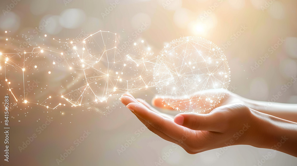 Poster A hand with glowing digital graphics floating above, symbolizing connectivity and innovation on a bokeh background, concept of technology. Generative AI