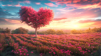 A vibrant landscape with a heart-shaped tree amidst a field of pink flowers at sunset, concept of love and nature. Generative AI