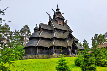 Norway Oslo Stavkirkha on a cloudy summer day