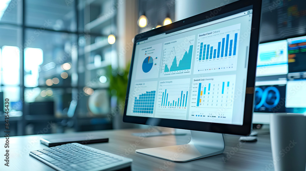 Poster A computer monitor displaying various graphs and data analysis charts, with a blurred office background, symbolizing business analytics. Generative AI