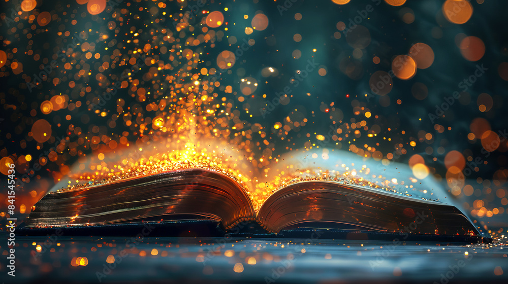 Aufkleber an open book with glowing pages on a dark bokeh background, concept of magical knowledge. generative