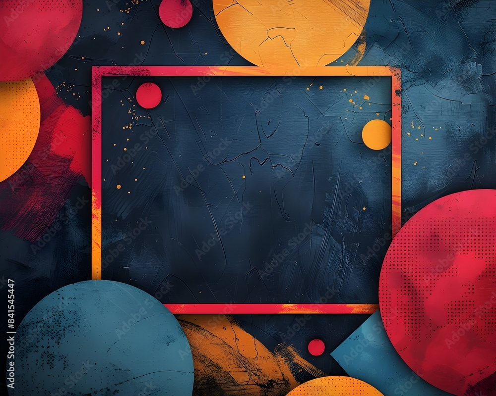 Poster bold vibrant abstract frame with shapes and colors on textured dark background
