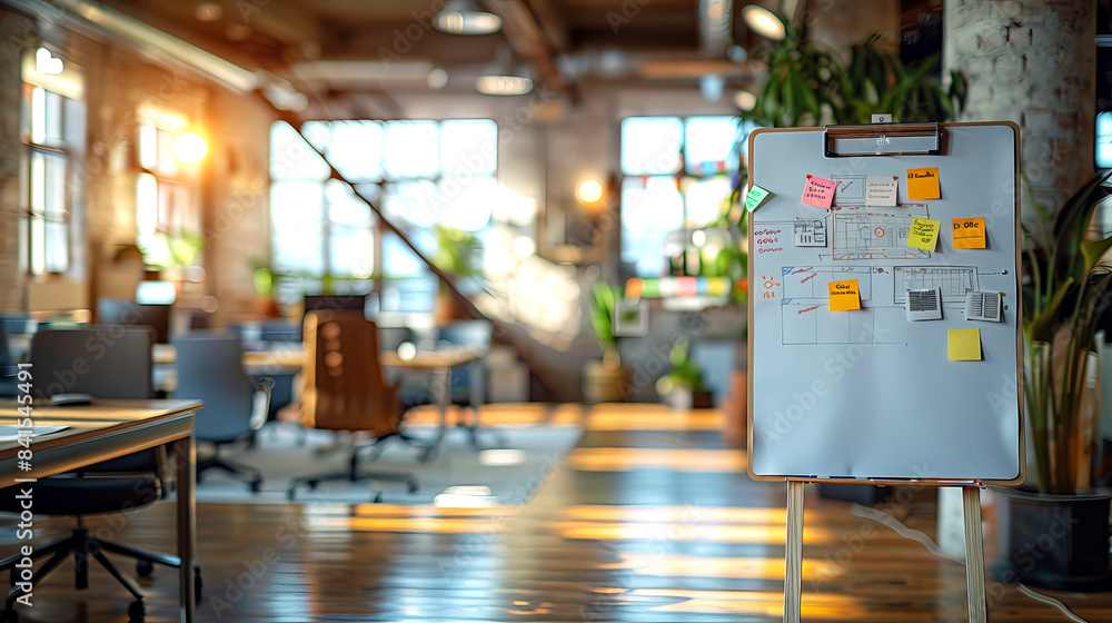 Poster A flip chart with notes and diagrams in a modern office, with warm tones and sunlight in the background, concept of brainstorming. Generative AI