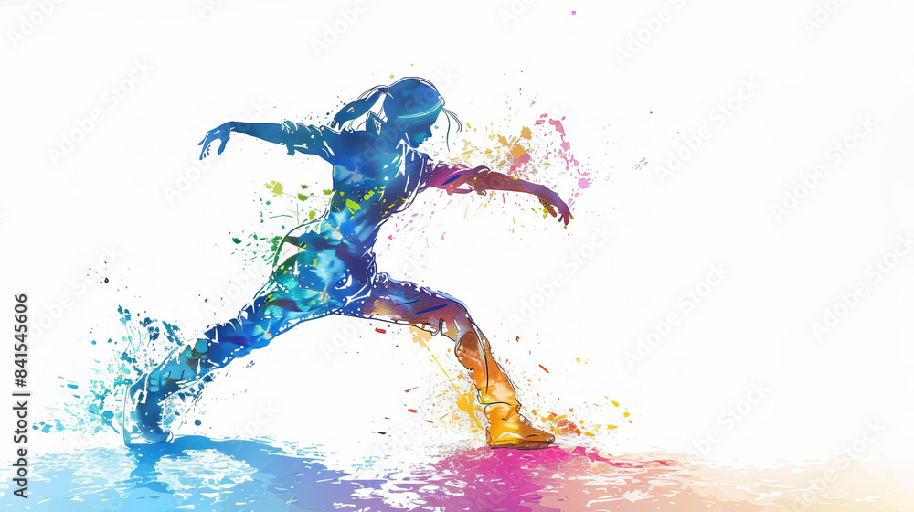 Poster Silhouette of a dancer with colorful splashes on a white background, representing the concept of creativity in motion. Generative AI