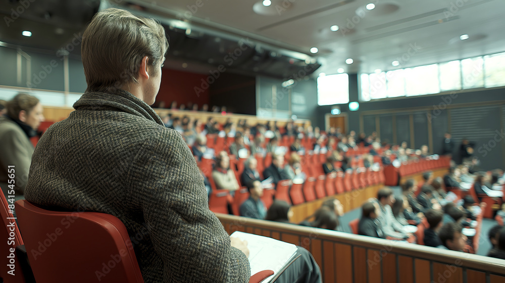 Poster a person seated at a conference with an attentive audience in the blurred background, concept of edu