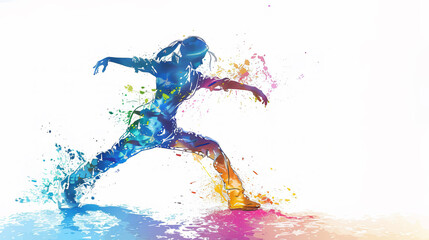 Fototapeta premium Silhouette of a dancer with colorful splashes on a white background, representing the concept of creativity in motion. Generative AI