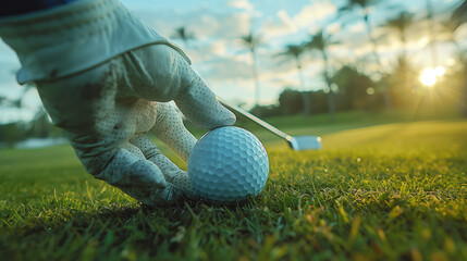 A close-up of a hand placing a golf ball on the tee against a sunset background, conveying a concept of precision. Generative AI