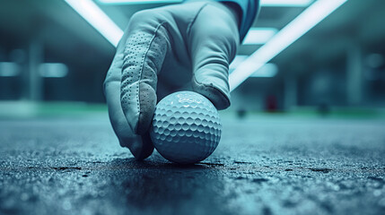 Hand in a glove placing a golf ball on asphalt, neon light, technology concept background. Generative AI
