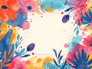 Vibrant Hand Drawn Floral Frame with Playful Doodles and Splashes on Colorful Background