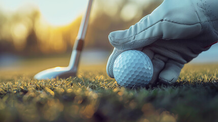 Close-up of a hand in a golf glove placing a golf ball near a club, natural background, concept of precision in sports. Generative AI