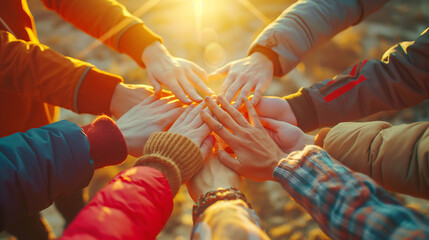 A group of people stacking hands together, warm sunlight, outdoor gathering, concept of teamwork. Generative AI
