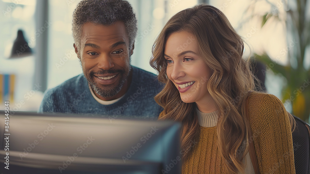 Poster a man and a woman smiling at a computer screen, realistic style, blurred office background, concept 