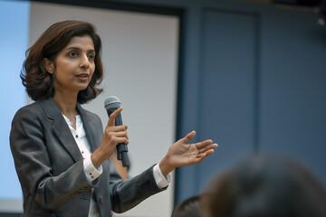 an indian woman giving speech in an university aula with students, speaking into microphone with hand outstretched pointing towards camera, wearing grey suit jacket and white blouse underneath