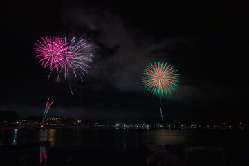 河口湖畔を彩る花火大会のある風景