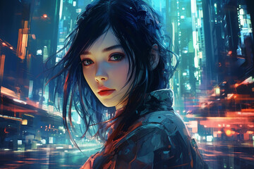 Explore a cyberpunk dreamscape with a beautiful face guiding the way.