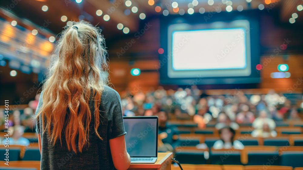 Poster a woman preparing to give a lecture in an auditorium with a laptop, with a blurred audience in the b