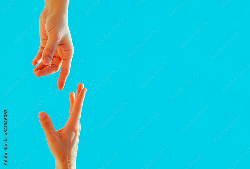 Poster two hands reaching towards each other, one from above and one from below, on a blue background, expr