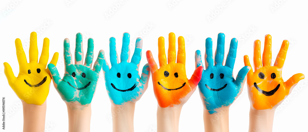 Wall mural Colorful painted hands with smiling faces, white background, concept of happiness. Generative AI