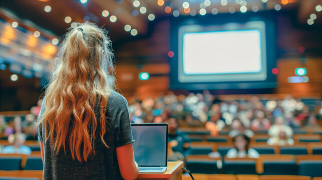 A woman preparing to give a lecture in an auditorium with a laptop, with a blurred audience in the background, demonstrating the concept of education and public speaking. Generative AI