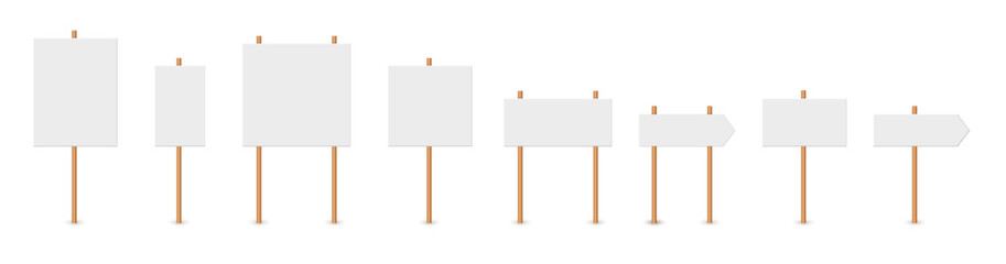 Picket sign, demonstration banners, public transparency, protest placard. Design blank boards with sticks, wooden holders template. Concept sign picket element