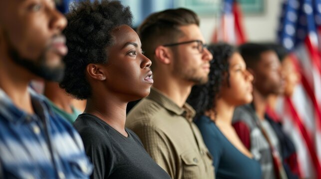 An inspiring image of a diverse group of people singing the national anthem