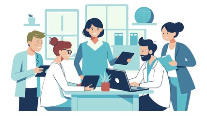 Optimizing health is a team effort! Doctors and patients partner in a modern clinic, collaborating to develop the best treatment plan based on patient information.