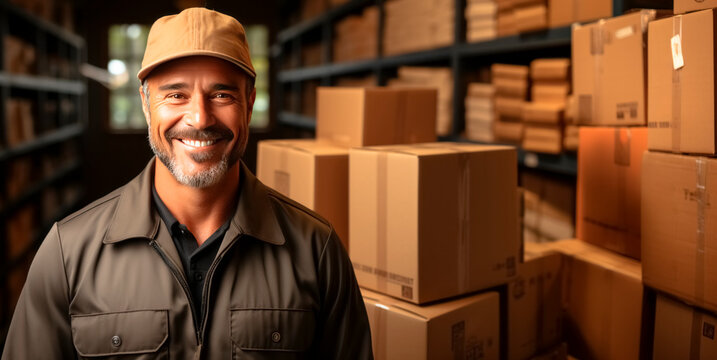 A smiling male worker in a warehouse surrounded by cardboard boxes, on a warm lit background, concept of logistics. Generative AI