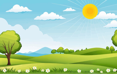 Fototapeta premium a sunny day with trees and flowers in the foreground