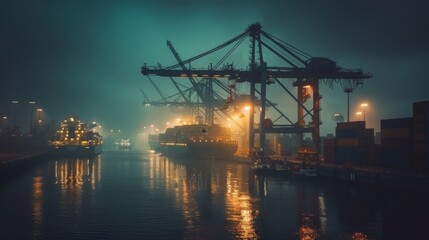 Obraz premium Nighttime Maritime Shipping Yard with Illuminated Container Ships and Cargo Cranes in Dense Fog - Industrial Logistics Scene