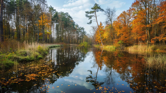 Serene autumn forest with calm reflection on a tranquil lake
