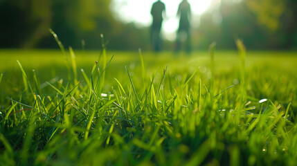 Fototapeta premium Close-up of fresh green grass with people in background