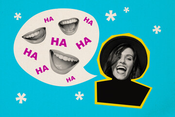 Collage 3d pinup pop retro sketch image of happy funny lady laughing hahaha isolated blue color background