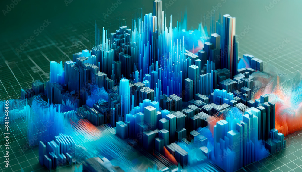 Poster Abstract digital cityscape with skyscraper-like structures in blue and orange hues on a grid background, concept of data analysis. Generative AI