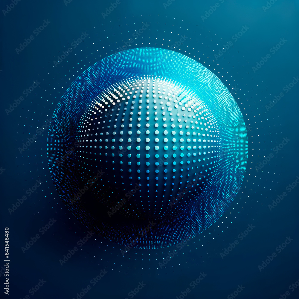 Poster a digital sphere with a dot pattern, glowing on a dark blue gradient background, evoking a high-tech
