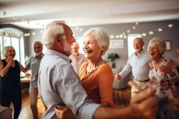 Fototapeta premium An elderly couple is dancing at a house party in an apartment for elderly friends, smiling and enjoying chatting with friends. Time for the elderly.