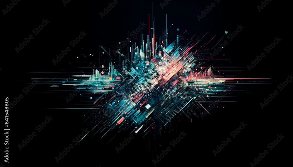 Poster Abstract digital explosion on a dark background, showcasing lines and dots with a futuristic concept. Generative AI