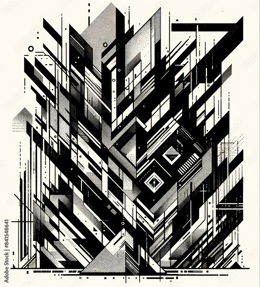 Poster Abstract geometric shapes with a complex pattern, black and white graphic style, on a dotted background, concept of complexity. Generative AI