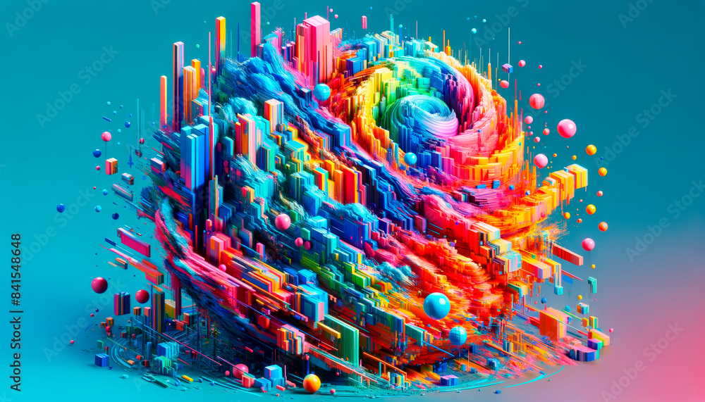 Poster a vibrant abstract digital artwork with various colorful shapes and spheres on a blue and pink gradi