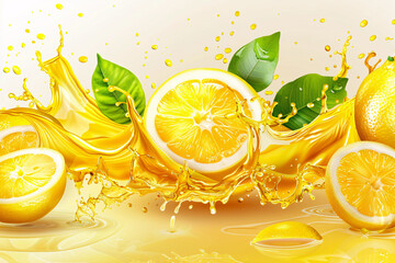 a lemon slice with leaves splashing into liquid
