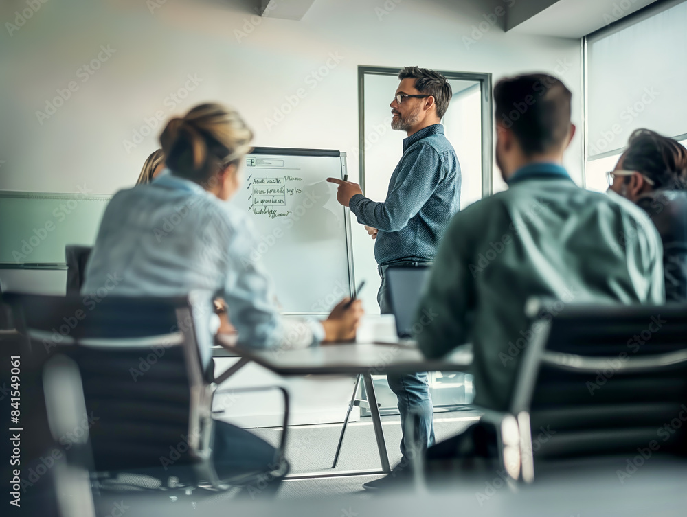 Poster a business team attentively listens to a presentation in a bright office setting, illustrating the c