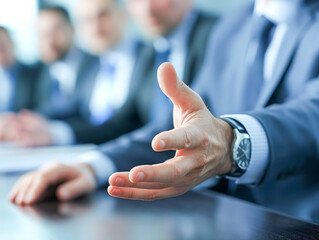 Fototapeta premium A close-up of a businessman's hand offering a handshake, blurred colleagues in background, concept of agreement. Generative AI